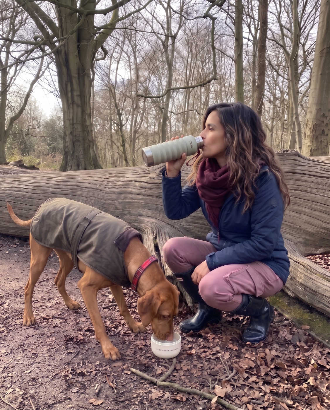 Roxy crouches in the woods drinking from her dossy while Koppa drinks from its bowl beside her