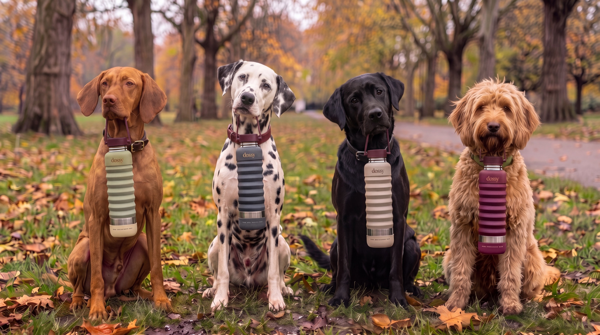 A Vizsla, a Dalmatian, a black Labrador and a Labradoodle trot along an autumn park path, each carrying a dossy bottle by its loop: Sage, Charcoal, Sand and Berry