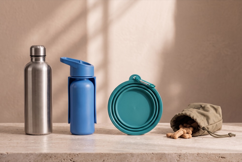 A steel bottle, a blue dog bottle, a clip-on bowl and a treat pouch